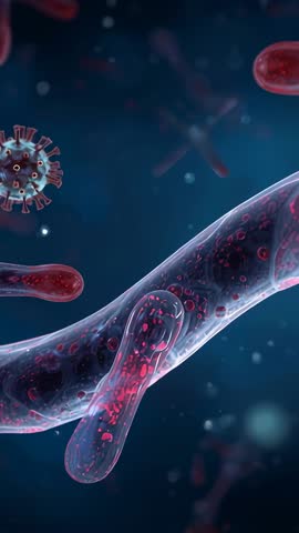 Panning vertical video showing translucent filament with red granules in fluid near virus