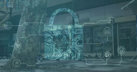 Digital Padlock with Circuitry Overlaying Urban Setting