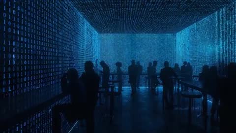 Crowd Exploring Immersive Digital Installation Projecting Blue Binary in Dark Gallery