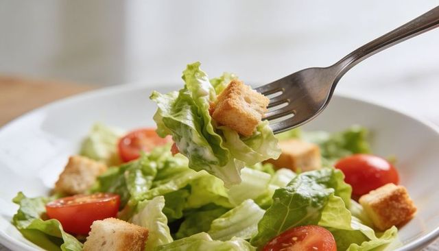 Fork lifting romaine and golden croutons coated in creamy dressing over white bowl