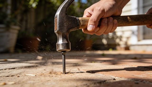 Hand driving claw hammer into masonry screw on brick patio paver close-up action