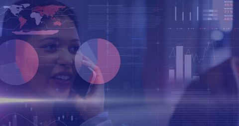 Businesswoman with infographic overlay displaying growth and analytics