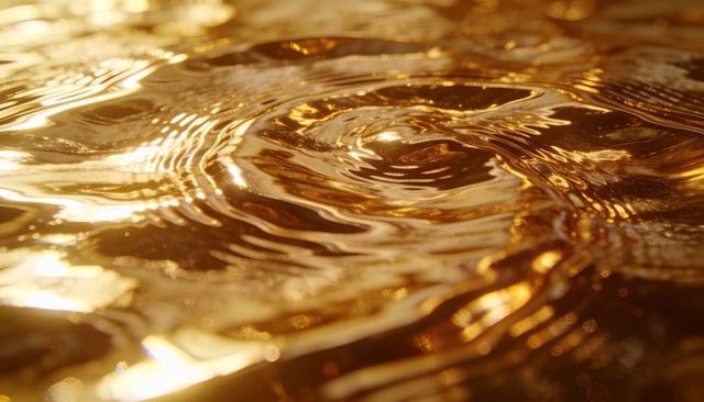 Golden liquid surface reflecting light, rippling and shimmering with warm bokeh