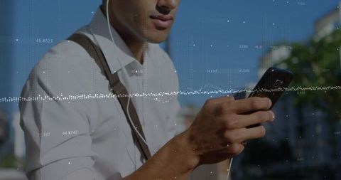 Commuter checking smartphone with wired earbuds and data overlay, urban professional