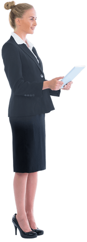 Transparent Businesswoman Holding Tablet in Professional Attire