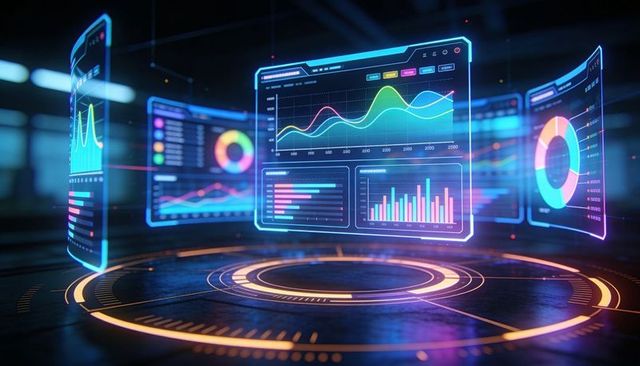 Futuristic Holographic Data Dashboards Floating Over Neon Circular Platform AI Analytics