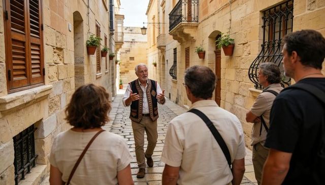 Experienced senior guide leading walking tour through sunlit charming historic stone alley