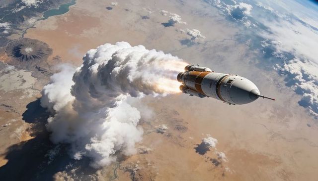 Rocket upper stage climbing above desert with blazing engines and dense exhaust plume