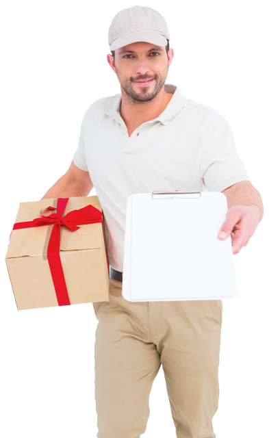 Transparent Delivery Worker with Gift Package Offering Clipboard - Download Free Stock Videos Pikwizard.com