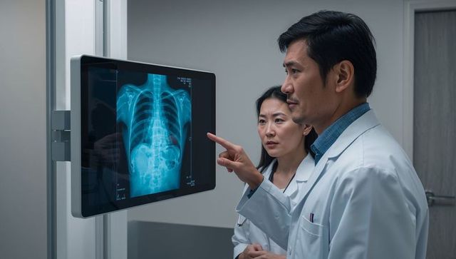 Physicians reviewing chest x-ray on monitor, pointing at thorax radiograph for diagnosis