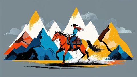 Dynamic illustration of cowgirl horse riding in mountain landscape