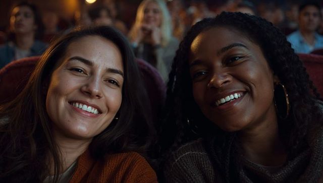 Smiling friends watching movie in cozy theater seats, leaning together, warm low-light