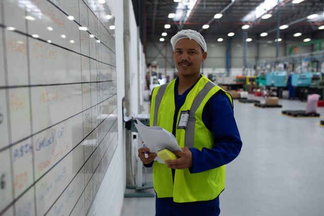 Portrait of a biracial male worker working in a busy factory warehouse, wearing a hair net, overalls and a high visibility vest, holding paperwork and standing next to a whiteboard, looking to camera and smiling