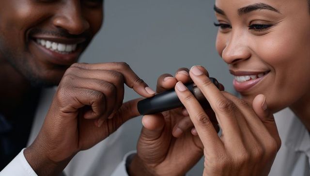 Smiling couple examining mini black tech gadget closeup hand interaction product demo