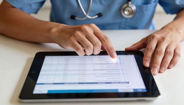 Clinician tapping tablet ehr interface for patient data management, stethoscope visible
