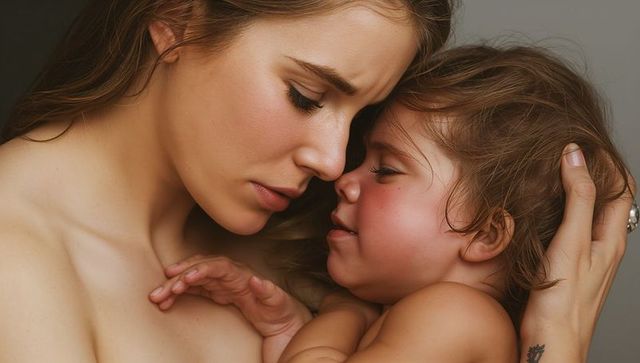 Mother cradling toddler in tender close embrace conveying warmth and protective bond