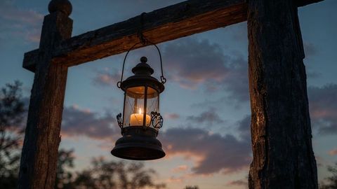 Antique metal lantern lighting up countryside at dusk