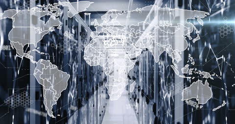 Futuristic World Map Overlay on Data Servers in Use