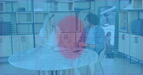 Couple discussing data privacy at home with red fingerprint overlay and digital code