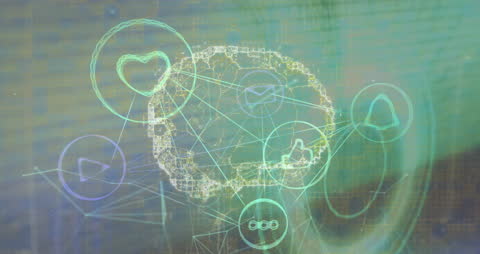 Digital Brain with Media Icons and Network Connections