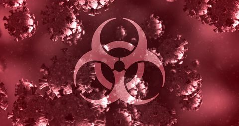 Red Biohazard Icon with Floating Coronavirus Cells