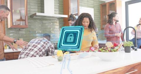 Woman chopping salad at kitchen island with augmented reality lock, friends chatting