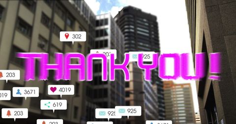Thank you digital text overlay on urban cityscape