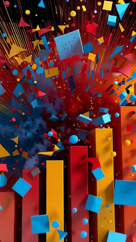 Vertical Motion Graphics: Geometric Particle Explosion from Red and Yellow Columns