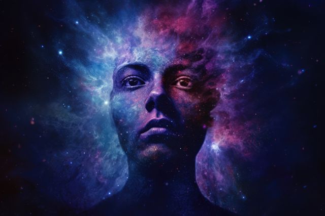 Human head made of blue shapes and trails over stars, created using generative ai technology. Cosmos, space and planets, spirituality concept digitally generated image.
