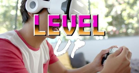 Level up vr gamer wearing headset and holding controller on living room sofa