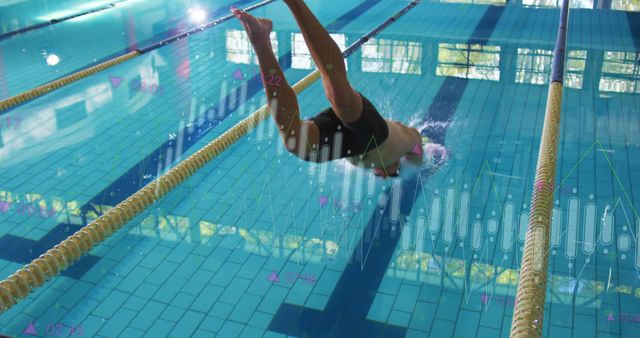 Image of data processing over caucasian male swimmer jumping. Global sport and digital interface concept digitally generated image.