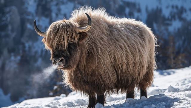 Shaggy highland cow standing on snowy alpine slope breathing visible winter vapor