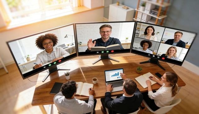 Hybrid team collaborating on data presentation with multi-monitor video conference setup