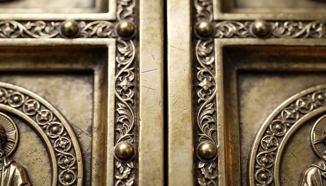 Gilded brass door seam and embossed medallions with filigree ornament and patina detail