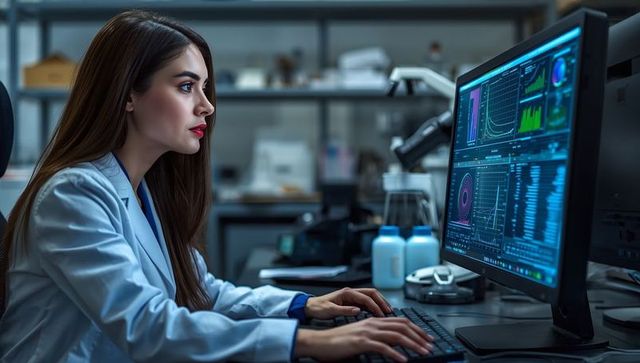 Female scientist analyzing data on computer monitor in laboratory