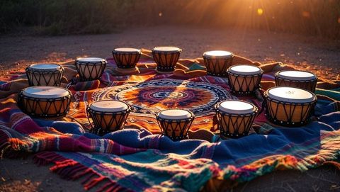 Circular arrangement of hand drums on cultural mandala blanket at sunset