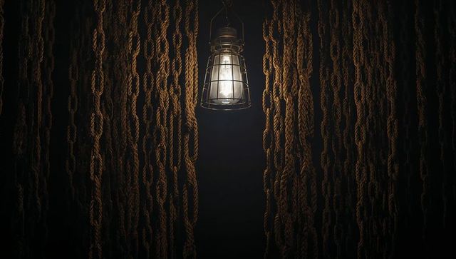 Vintage metal-caged lantern casting warm light amid hanging hemp ropes in dusty workshop
