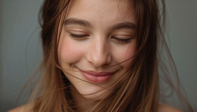 Smiling adolescent female resting with eyes closed and wind-swept hair, closeup portrait