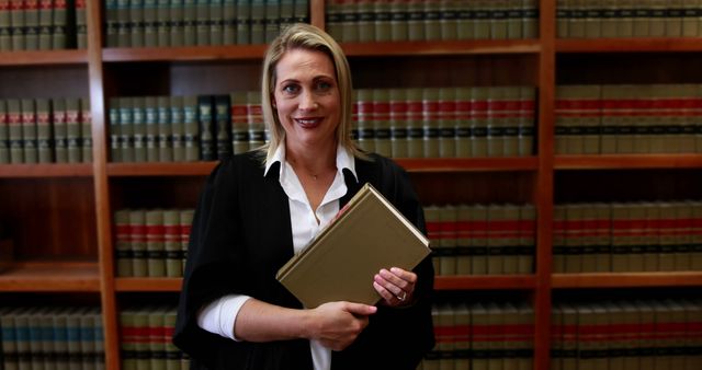A female lawyer wearing a black robe, confidently holding a book in front of bookshelves filled with legal books. This is suitable for articles or websites discussing legal professions, career success in law, or the role of women in the legal industry.