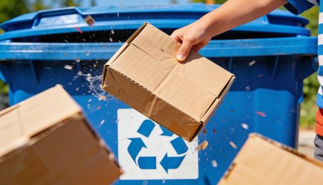 Tossing cardboard boxes into blue recycling bin on sunny curbside with motion debris