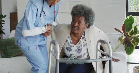 Nurse Assisting Senior Woman Using Walker in Comfortable Home Care Living Room