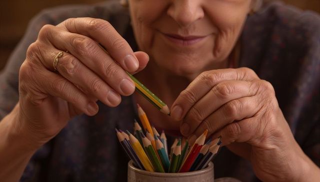 Elderly woman selecting colored pencil from mug closeup hands creative hobby at home