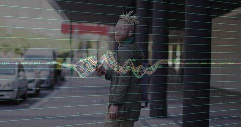Urban commuter turning with smartphone and backpack under arcade with data waveform overlay