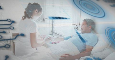 Nurse adjusting bedside sensors on male patient in hospital bed with telehealth graphics