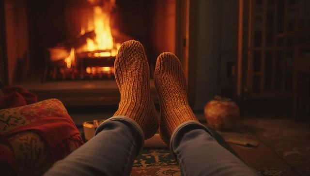 Cozy autumn retreat with warm knitted socks by fireplace
