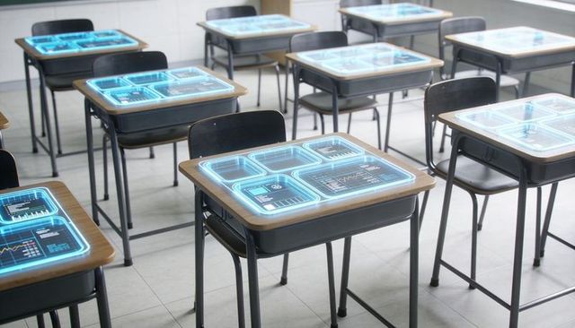 Futuristic classroom desks projecting holographic learning interfaces on wooden tops