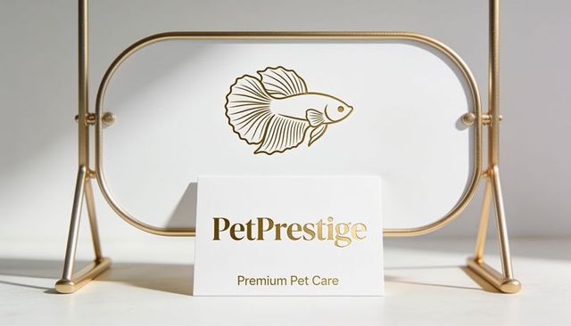 Gold-foil petprestige business card with minimalist betta logo and elegant metallic display