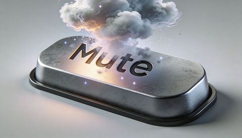 Glowing metallic mute key with billowing vapor and sparkling particles