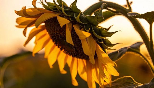 Sunflower bending and tilting toward golden sunset, backlit closeup with textured petals