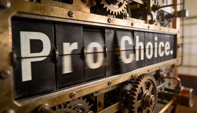 Retro split-flap display rotating on brass gears showing pro choice with vintage patina
